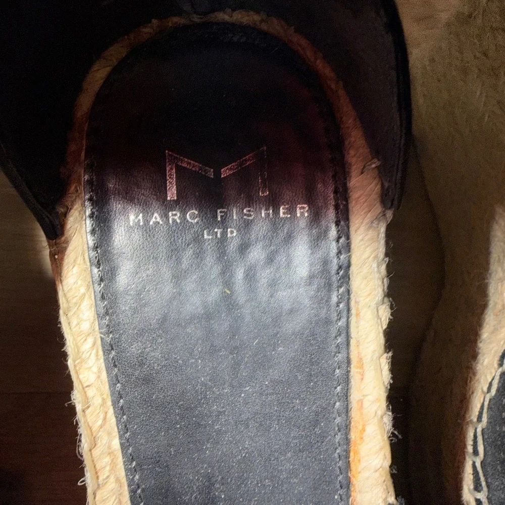 Marc Fisher MLANNIE Wedge Sandal Women 7.5 Black Leather Espadrille Platform